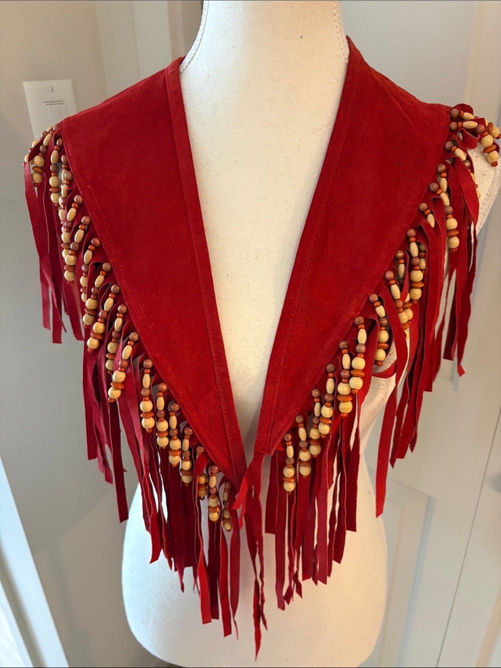Red Suede Fringe Collar with Wooden Bead Trim western